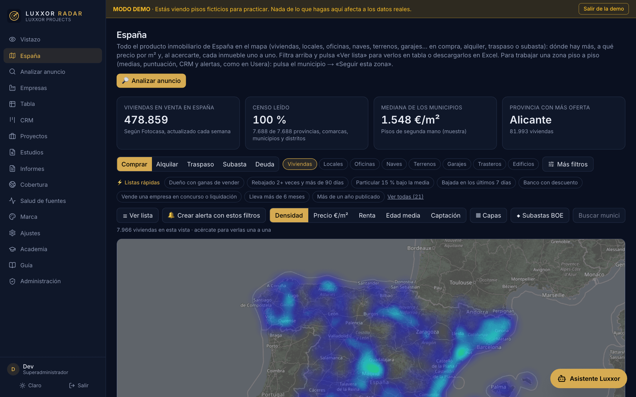 Mapa de España de LUXXOR RADAR con la densidad de viviendas en venta